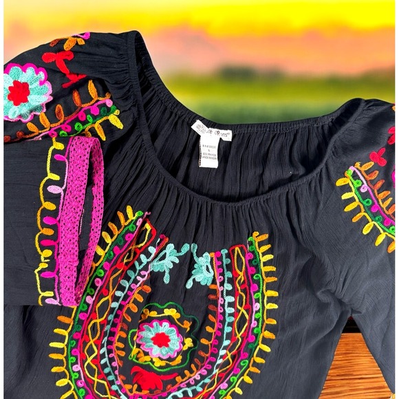 Tops - Cute‎ Options Tunic Blouse Rayon L Top Embroidered Floral Boho Cottage Peasant